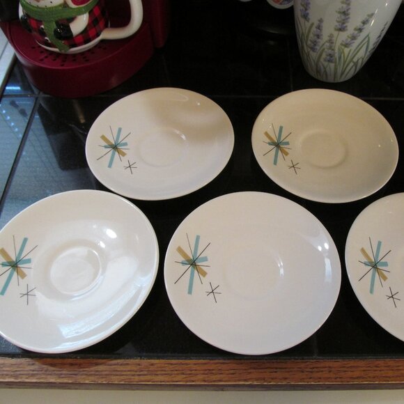 5 Vintage MCM Salem North Star Atomic Starburst Saucers Turquoise & Tan 1960s - Picture 2 of 16